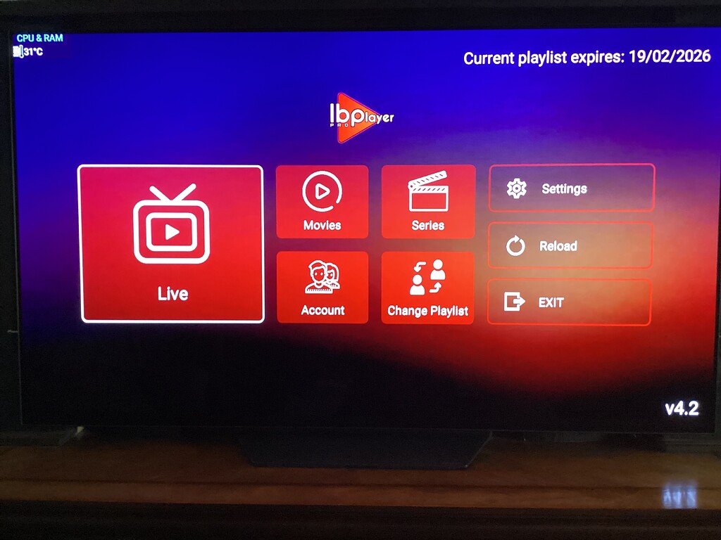 IBO Player Pro menu with Live TV, Movies, Series and Reload